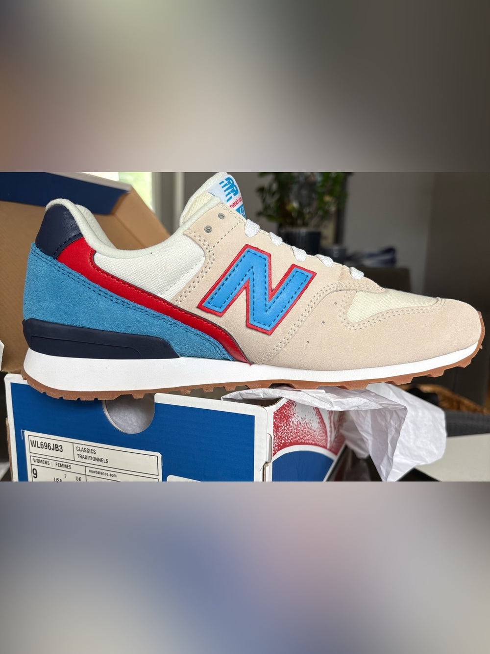 New Balance for J.Crew 696 Classic Traditional Sneakers-Natural/Blue/Red- Size 9